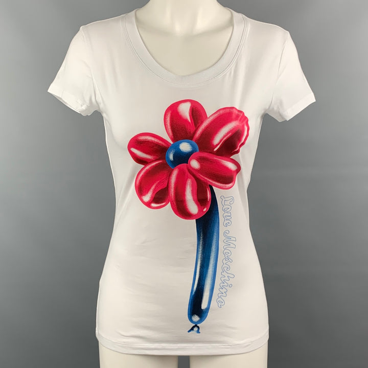 LOVE MOSCHINO Taille 4 Coton Blanc / Elasthanne Fuchsia / Ballon Fleur Bleue T-Shirt Graphique