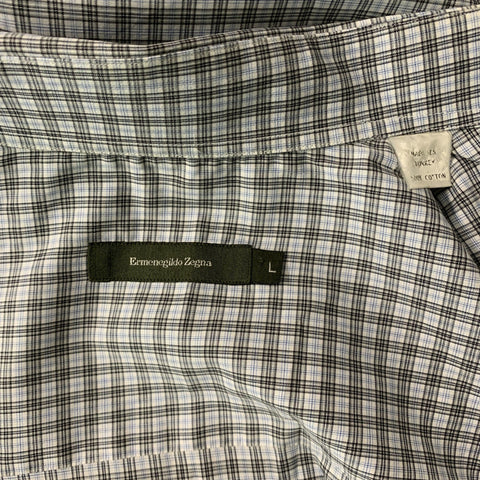ERMENEGILDO ZEGNA Size L Blue &  Brown Plaid Cotton Button Down Long Sleeve Shirt