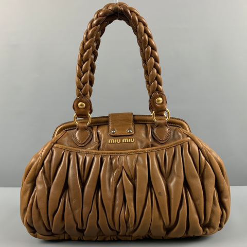 MIU MIU Brown Ruched Leather Top Handles Handbag