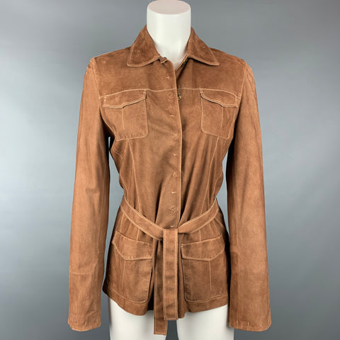 ELIE TAHARI Taille S Veste ceinturée en daim à coutures contrastées beige
