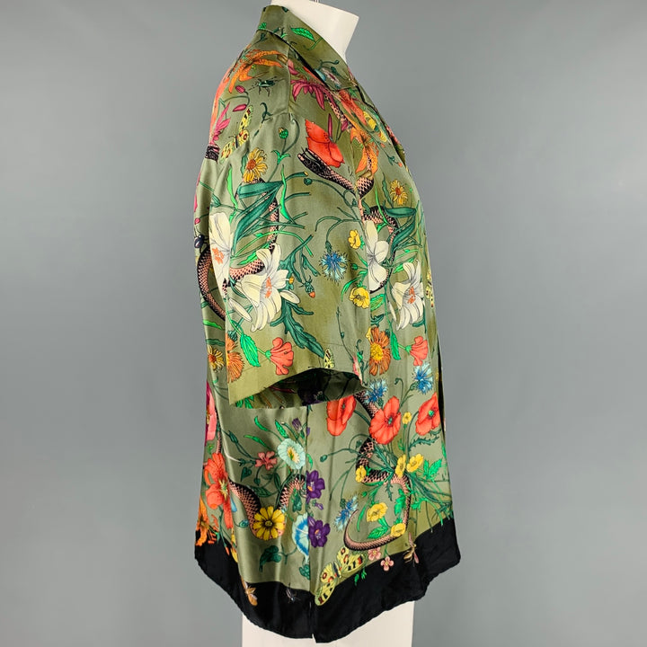 GUCCI Talla XXL Camisa de manga corta Campamento de seda con estampado multicolor verde