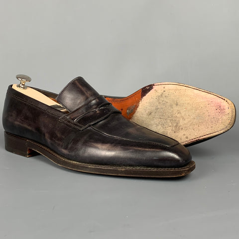 BONTONI Size 10 Black Distressed Leather Custom Loafers