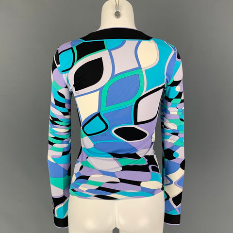 EMILIO PUCCI Size 6 Turquoise Purple Viscose Abstract Long Sleeve Dress Top
