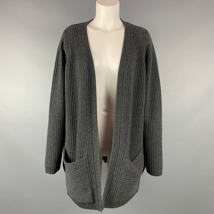 MILLY Size L Grey Ribbed Knitted Wool Open Front Cardigan