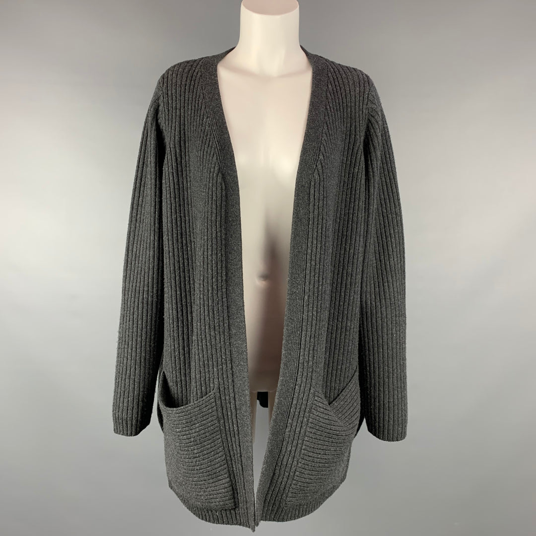MILLY Taille L Cardigan ouvert en laine tricotée côtelée grise sur le devant