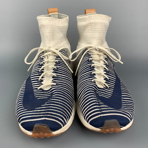 NIKE Size 12 Navy & White Stripe Fabric High Top Zoom Air Sneakers