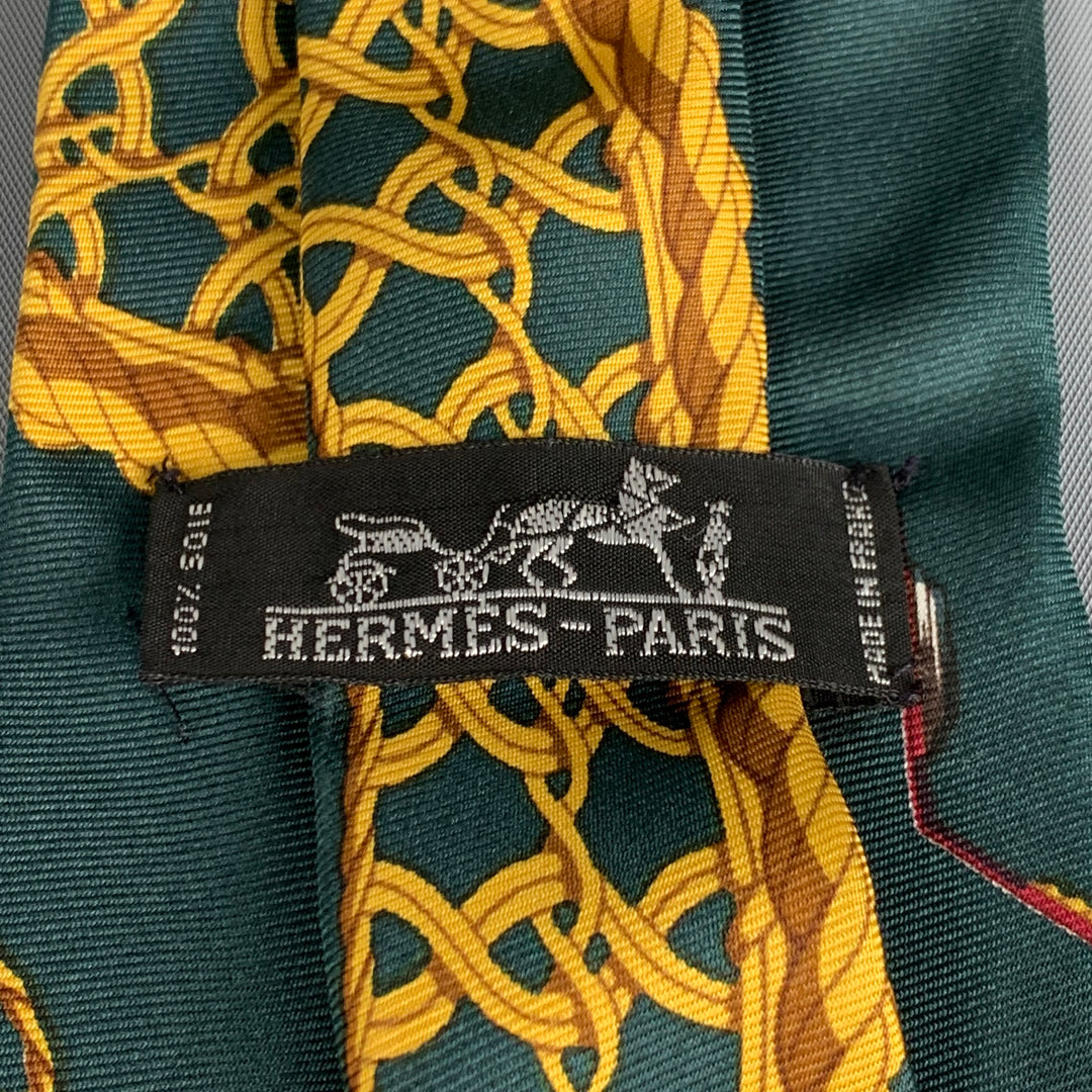 HERMES Green Gold Print Silk Neck Tie
