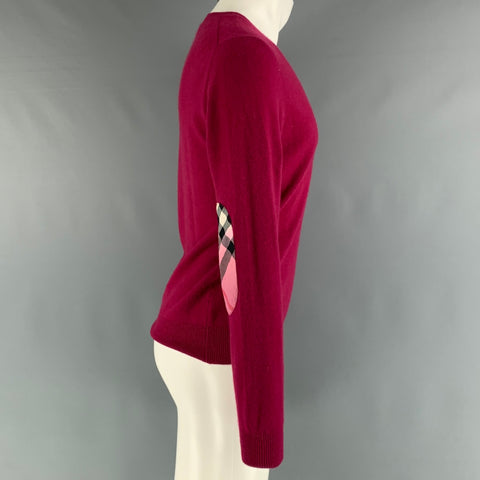 BURBERRY BRIT Taille S Rouge Framboise Tricoté Cachemire Coudières Pull