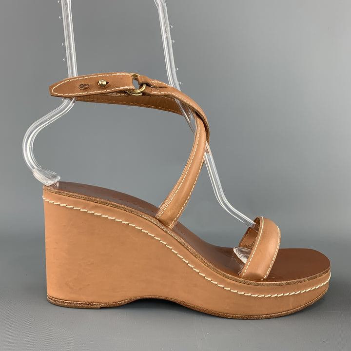 RALPH LAUREN Size 9.5 Tan Leather Contrast Stitch Platform Wedge Sandals