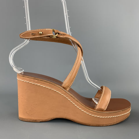 RALPH LAUREN Talla 9.5 Sandalias de cuña con plataforma con puntadas en contraste de cuero color canela