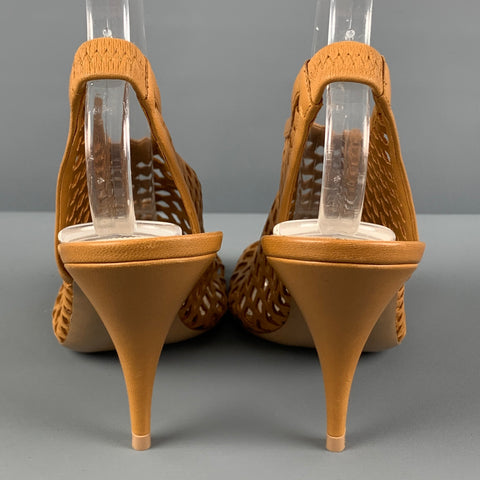 CELINE Size 8 Tan Woven Leather Slingback Pumps