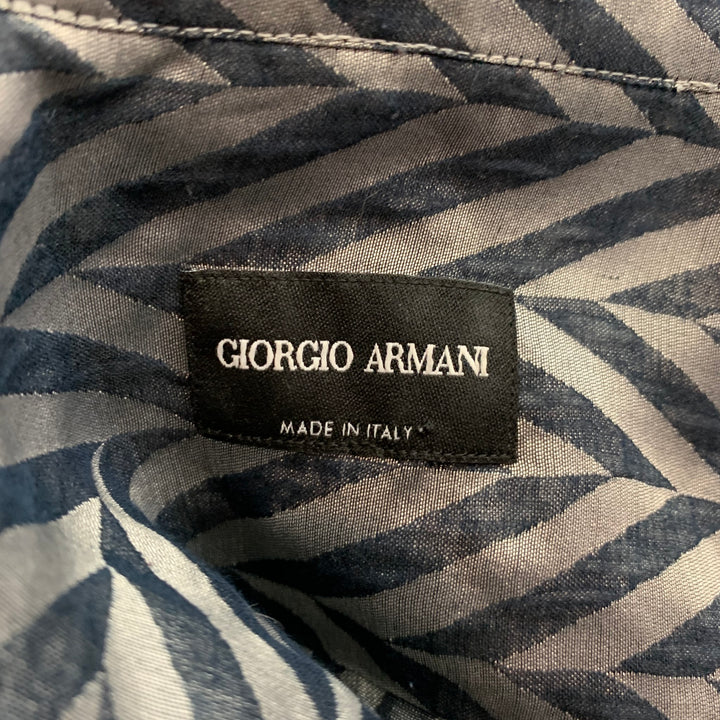 GIORGIO ARMANI Size XL Grey & Black Herringbone Silk Long Sleeve Shirt