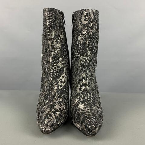 CHARLES JOURDAN Size 5 Black Grey Leather Floral Side Zipper Boots