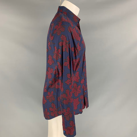 BURBERRY PRORSUM Fall 2014 Size M Navy & Burgundy Leaf Print Cotton / Silk Long Sleeve Shirt