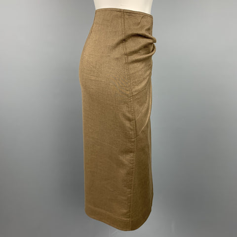 DONNA KARAN Size 4 Olive Twill Wool / Linen Draped Skirt