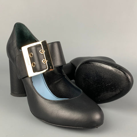 LANVIN Size 6 Black Leather Buckle Mary Jane Pumps