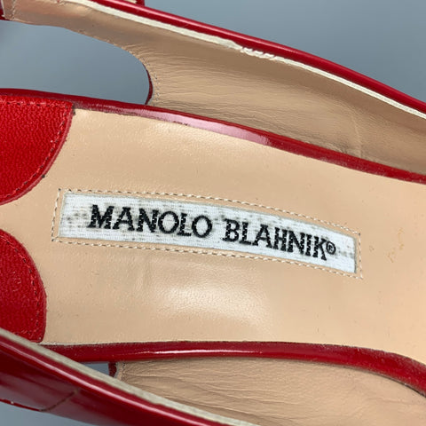MANOLO BLAHNIK Size 6 Red Patent Leather Slingback Peep Toe Sandals