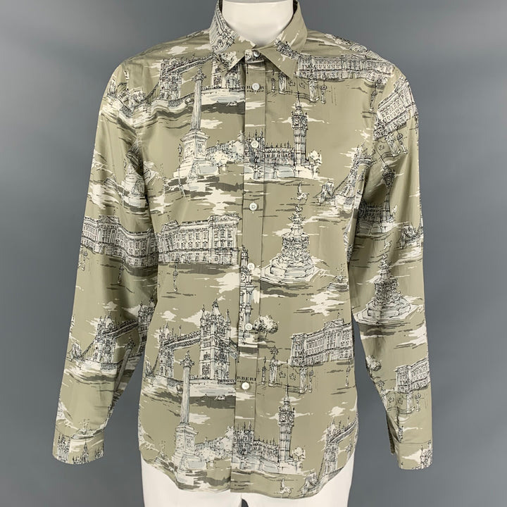 BURBERRY PRORSUM Fall 2014 Size XL Taupe & Beige London Landmark Print Cotton Silk Long Sleeve Shirt