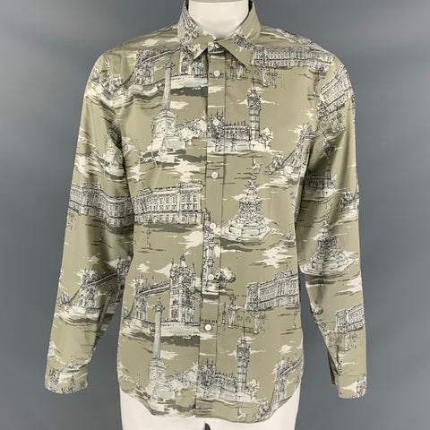 BURBERRY PRORSUM Fall 2014 Size XL Taupe & Beige London Landmark Print Cotton Silk Long Sleeve Shirt