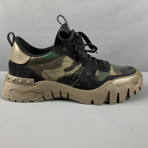 VALENTINO Size 10 Olive Black Camouflage Nylon Lace Up Sneakers