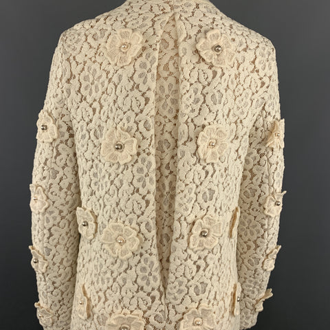 CHLOE Size 4 Cream Lace Faux Pearl Flower Notch Lapel Evening Coat