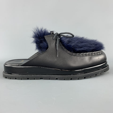 SACAI Black Leather & Blue Fur Slip On Loafer Slides