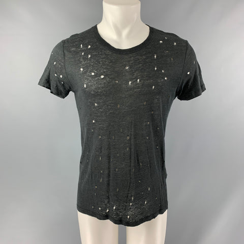 IRO Size S Black Distressed Linen Crew-Neck T-shirt