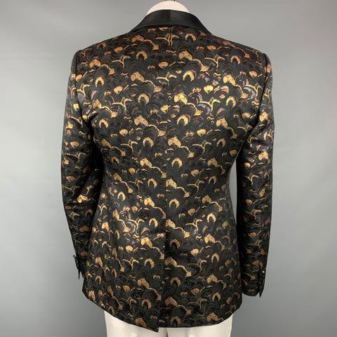 DOLCE & GABBANA Size 44 Regular Black & Gold Jacquard Polyester Blend Shawl Collar Sport Coat