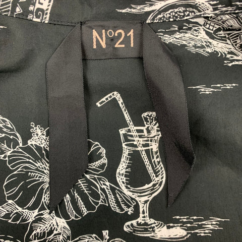 NO. 21 Size S White & Black Print Cotton Camp Short Sleeve Shirt
