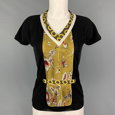 ETRO Size 6 Black Multi-Color Cotton Silk Pleated Short Sleeve Casual Top