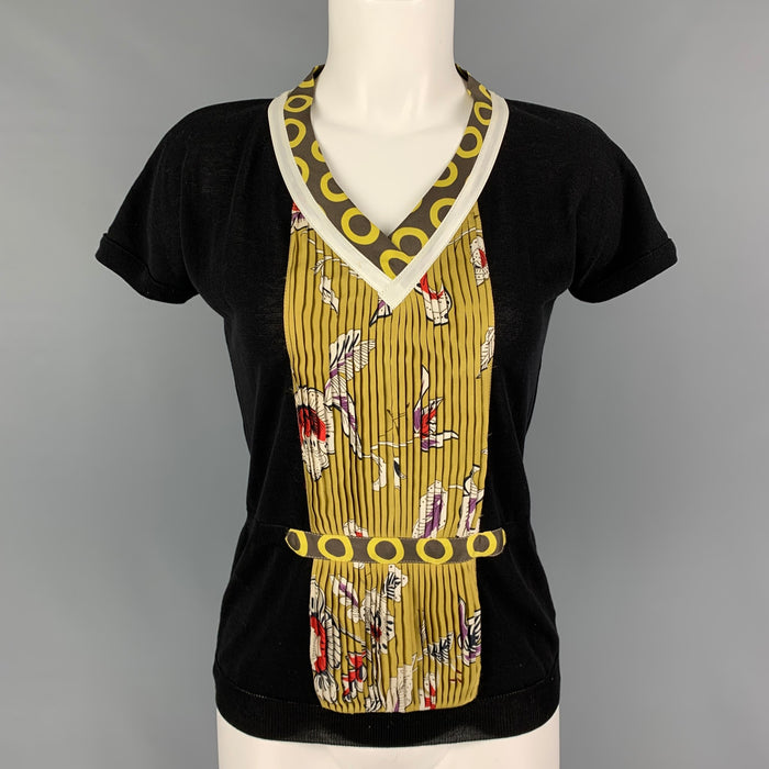 ETRO Size 6 Black Multi-Color Cotton Silk Pleated Short Sleeve Casual Top