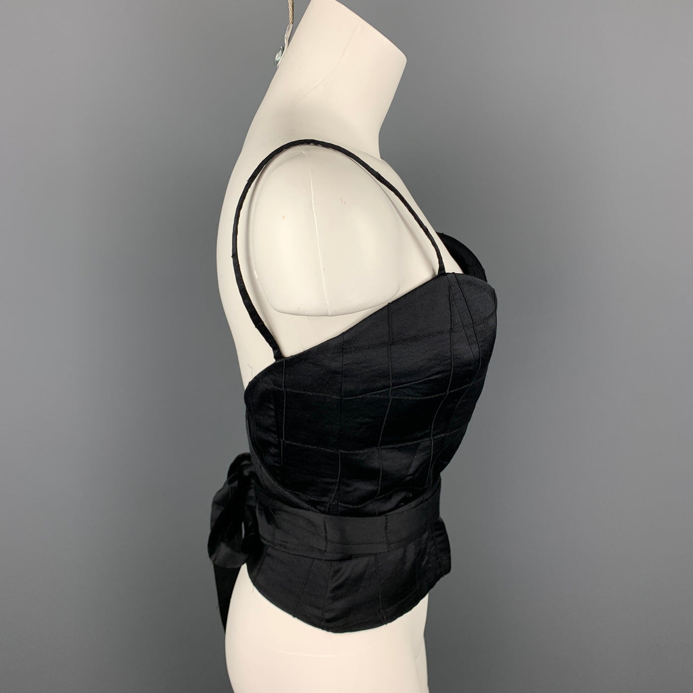 CoSTUME NATIONAL Size 6 Black Satin Windowpane Viscose Blend Wrap Bustier Top