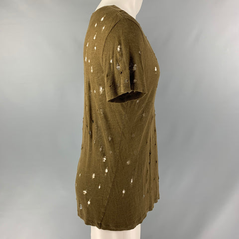 IRO Size S Olive Distressed Linen Crew-Neck T-shirt