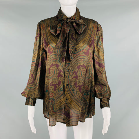RALPH LAUREN Size 12 Multi-Color Silk Paisley Bow Blouse