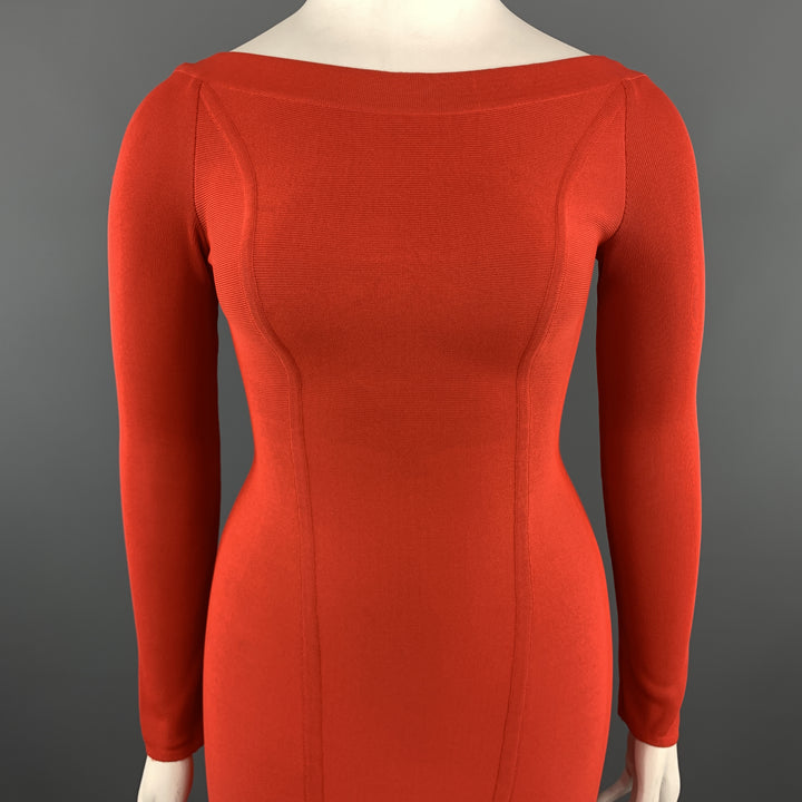 Vintage HERVE LEGER Size M Coral Red Open Back Long Sleeve Bandage Dress
