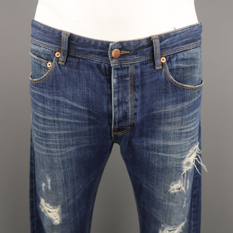 RAF by RAF SIMONS Size 34 Indigo Distressed Denim Button Fly Jeans