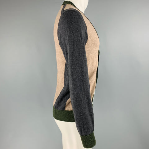 GOLDEN GOOSE Size M Brown Grey Color Block Merino Wool Cotton V-Neck Cardigan