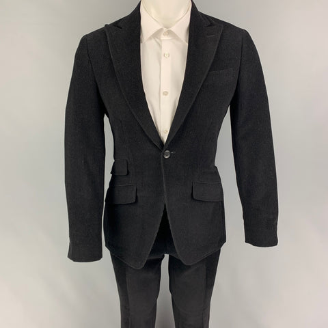 PHINEAS COLE Size 36 Black Corduroy Wool Peak Lapel Suit
