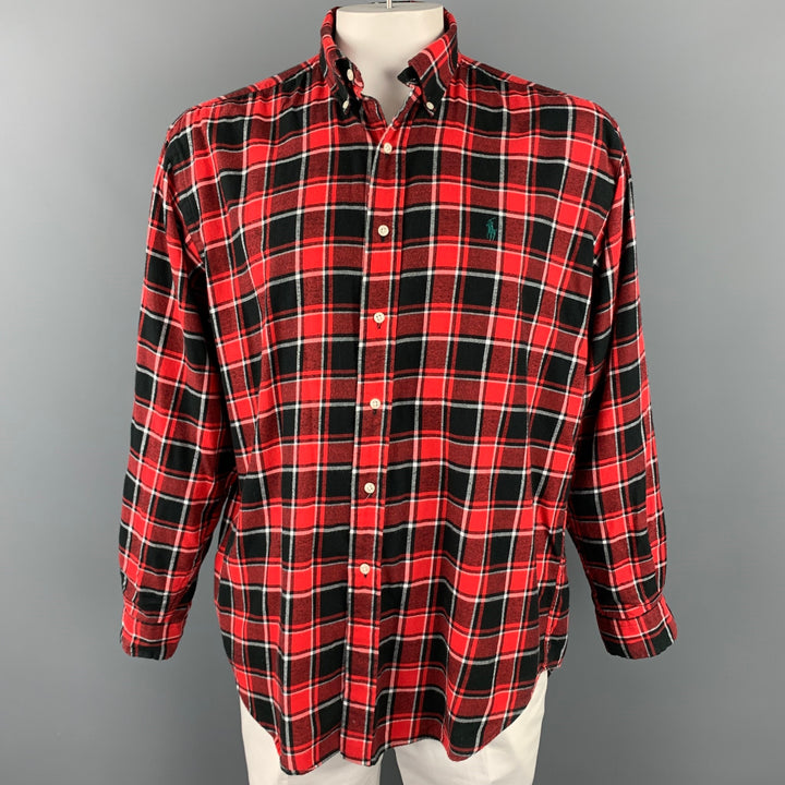 RALPH LAUREN Talla L Camisa de manga larga con botones de algodón a cuadros rojos y negros