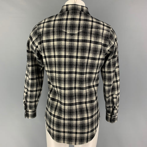 SAINT LAURENT Size M Black Cream Plaid Wool Blend Long Sleeve Shirt