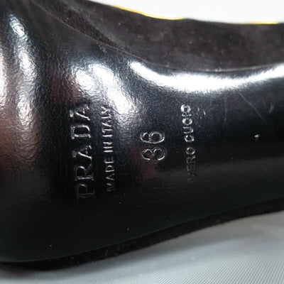 PRADA Spring 2008 Size 6 Black & Gold Suede Ankle Ruffle Cuff Metallic Pumps