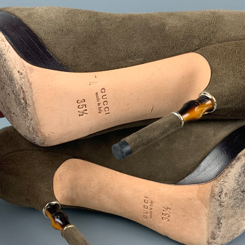 GUCCI Size 5.5 Olive Brown Suede Bamboo Heel Pumps