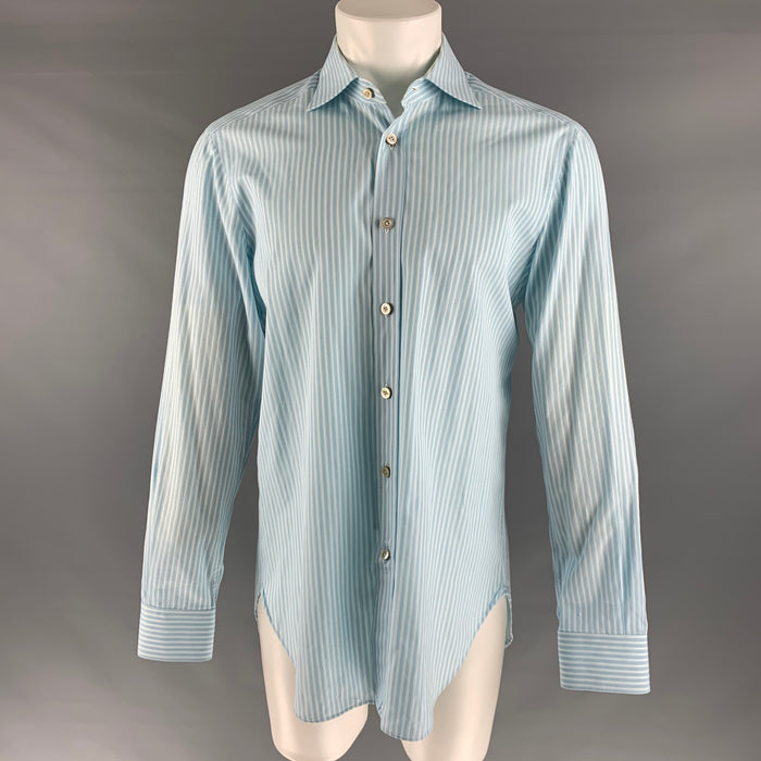 KITON Size L Blue White Stripe Cotton Long Sleeve Shirt