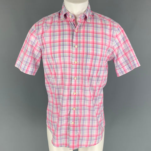 CAFE COTON Size M Pink White Plaid Cotton Short Sleeve Shirt