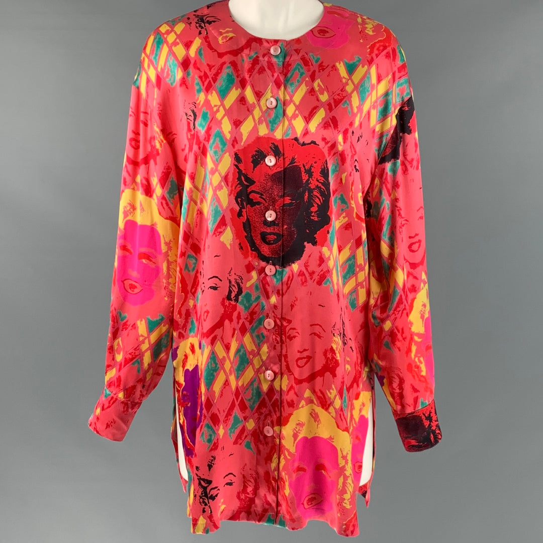 ESCADA Size M Pink Multi-Color Marilyn Silk Print Collarless Shirt
