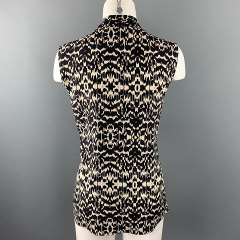 ETRO Size 12 Black & White Ikat Silk Ruffled Sleeveless Blouse
