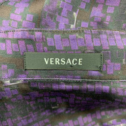 VERSACE Size L Purple & Black Print Silk Button Up Long Sleeve Shirt