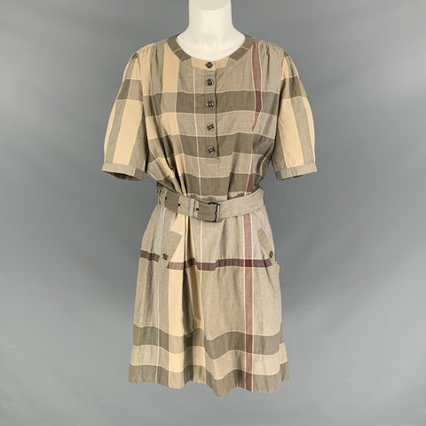 BURBERRY BRIT Talla 12 Vestido con cinturón a cuadros de nailon y algodón en beige oliva