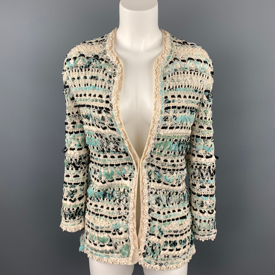 OSCAR DE LA RENTA Size S Cream Teal Blue Woven Silk Crochet Cardigan Jacket