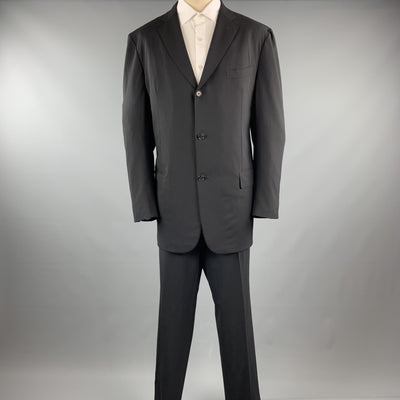 GIANLUCA ISAIA 46 Black Solid Wool Notch Lapel 40 x 36 Long Suit